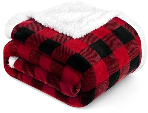 PAVILIA Black and Red Buffalo Plaid Sherpa Throw Blanket for Couch, Christmas Red Black Checkered Fleece Blanket and Throws, Soft Fuzzy Flannel Blanket for Sofa Bed, Cozy Winter, 50x60
