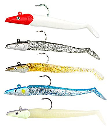 Lead Head Jigs - Señuelos de pesca suaves con ganchos, cebos de hundimiento para agua salada y agua dulce (5 piezas/juego) (19.0 g-10.9 cm)