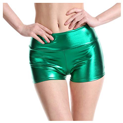 Raopuzi Damen Sexy Leder Shorts Metallic Glanz Hot-Pants Hohe Taille PU Lederoptik Kurze Hose Push up Lederimitat Kunstlederhose (Grün, M)