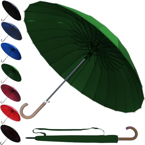 Extra Stark - Regenschirm Sturmfest XL - 24 Rippen - Stockschirm Groß | Herren Damen Windfest - Golfschirm Windproof Fiberglasrippen - Holzgriff - Automatik Dunkel Grün
