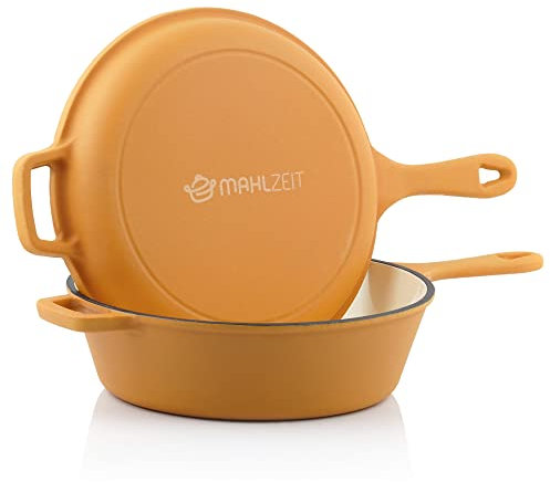 Mahlzeit Cacerola Redonda de Hierro Fundido con Tapa | 4,4 litros | Color Naranja | Olla apta para Inducción | Tapa como Sartén para Asar y Estofar