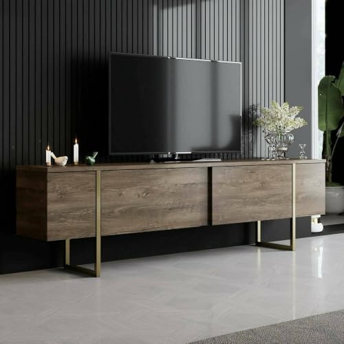 Dmora - Meuble TV Centaurus, Buffet de Salon, Armoire Basse pour TV, Base Murale de Rangement, 180x30h50 cm, Noyer et Or