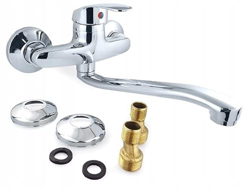 Wand Küchenarmatur Chrom 360° Schwenkbarer Langer Auslauf | Einhebel Wandarmatur aus Messing | Spültischarmatur Wandmontage für Küche Doppelspüle