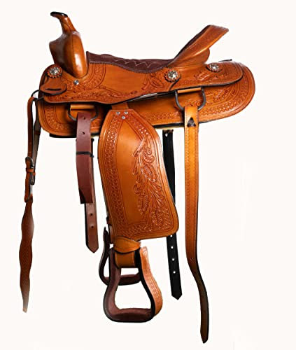 Hulara Silla de montar de cuero genuino con herramientas occidentales tallada y cómodo asiento de 14 a 18 pulgadas Western Saddles para caballos Barril Racing Saddle