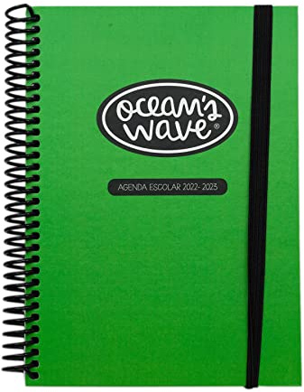 Schülerkalender 2022-2023 - Modell Neongrün - Größe DIN A6-15 x 11,5 cm - Ocean's Wave - Seite pro Tag - Hardcover und Spiralbindung - Jugenddesign, OCW80107