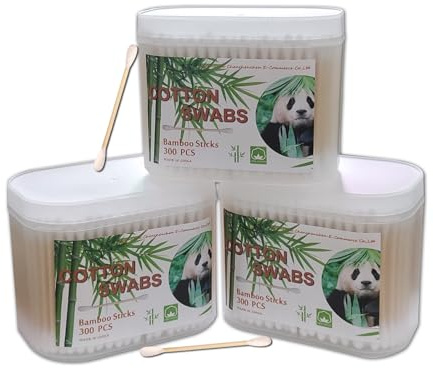 Bamboo Cotton Swabs 900ct, Natural Cotton Buds with Larger Tips for Personal Care，3 Pack Biodegradable Cotton Tips