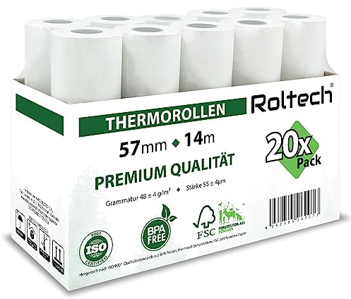 ROLTECH | 20 Thermorollen | 57mm x 14m x 12mm | BPA frei | EC Cash | Kassenrollen | Thermopapier | Bonrollen | Premium Qualität (20 Rollen)