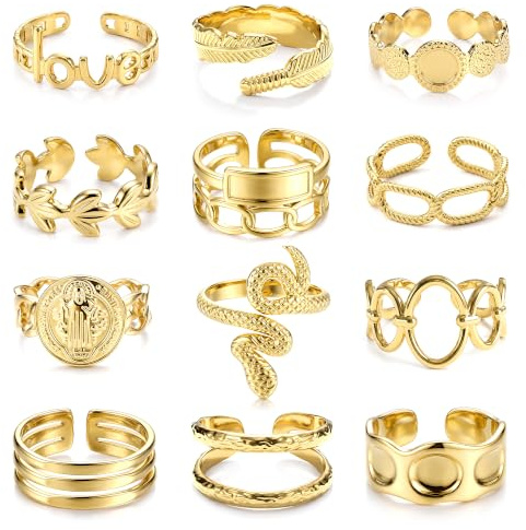 FIOROYAL 12Pcs 14K Gold Plated Rings for Women Stainless Steel Stackable Rings Boho Signet Snake Ring Adjustable Open Ring Chunky Knuckle Rings Set Gold