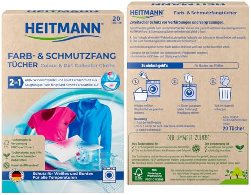 HEITMANN Farb- und Schmutzfangtücher, zweifach aktiver Wäscheschutz vor Verfärbungen und Vergrauungen, FSC-zertifiziert, ohne Kunststofffasern, 1x20 Stück