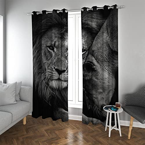 RUIHOME Decor Löwe Schwarz & Weiß Vorhänge Super weiche Wilde Tiere Fensterbehandlung Kinder Vorhänge Öse Verdunkelungsvorhänge für Schlafzimmer 2 Paneele 117x183cm