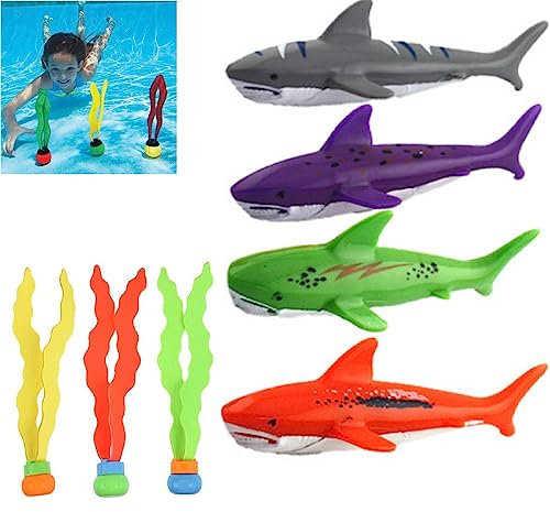 Tauchspielzeug für Kinder,Unterwasser Tauchbecken Spielzeugset,Tauchen Spielzeug,Unterwasser-Pooltraining,Unterwasser Pool Spielzeug Set,4 pcs Torpedos 3pcs Fisch Algen,für Unterwasser-Pooltraining