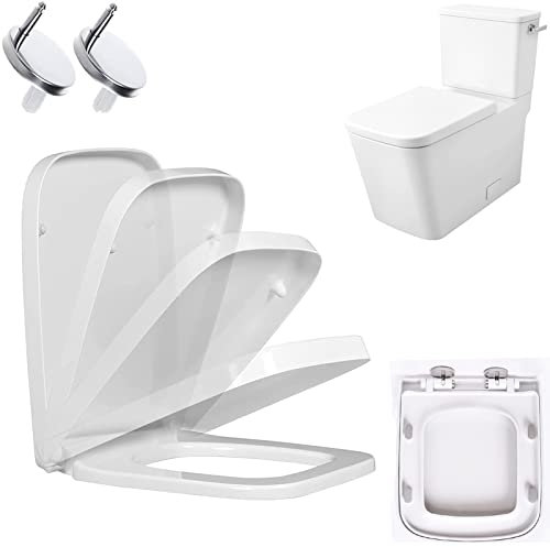 Soft Close Toilet Seat with Quick Release Square Toilet Seat Simple Top Fixing with 360° Adjustable Hinges Standard Toilet Seats Heavy Duty Anti-Bacterial WC Seats White Duroplast Loo Seat Toilet Lid