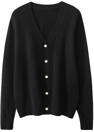 Valin Gilet Cachemire 95% Femme Col V Noir Boutonné Tricoté en Vrac Manches Longues Fin Cardigan en Cachemire et Laine,38,ZSBR8308