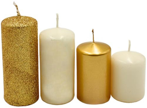 Velas de Adviento, velas de Adviento, en oro y marfil, 4 tamaños, altura 5 – 10 cm, diámetro de 4 cm, 280 g
