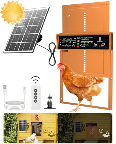 Asfrost Automatische Hühnerstalltür, solarbetrieben, automatische Hühnertür mit Timer und Lichtsensor, Anti-Pinch, langlebige Aluminium-Auto-Hühnertür, Aufladen mit Solarpanel und USB, Orange