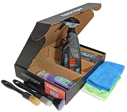 Tecnoxx – Kit Detailing 360 Set de 3 Productos Pro Limpieza Interior y Exterior de Coches con hidratador salpicaderos Limpia Pantallas Cristales Producto Multiusos Juego de Pinceles y 2 Bayetas