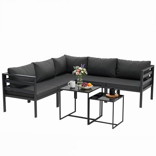 Outsunny Set Salotto da Giardino da 7 Pezzi, Set da Giardino con 5 Poltrona da Esterno, 2 Tavolini da Caffè con Piano in Vetro e Cuscini, Set di Mobili in Acciaio e Poliestere, Grigio