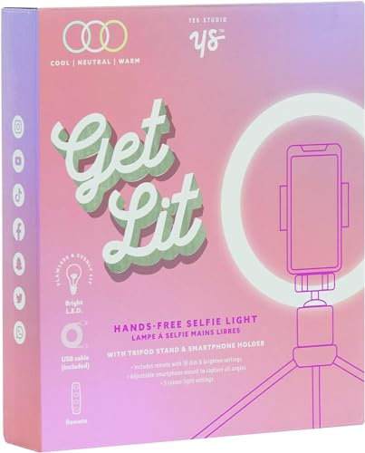 MM Yes Studio Get Lit Selfie Light - Portable 8 LED Ring Light with Adjustable Brightness for Perfect Selfies, Vlogging, and Video Calls - USB Powered, Compatible with Smartphones and Tablets