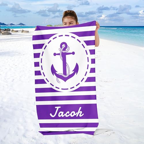 WEQEER Namensdruck Strandtuch Mikrofaser Anker 90x180cm Groß Badetuch | Mikrofaser Strandtuch mit eigenem Namen bedruckbar, 90x180cm, leicht für Urlaub, Strand und Sauna