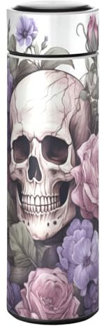 LINNIKEEEE Totenkopf Mit Blumenmuster Thermosflasche aus Edelstahl - Auslaufsicher Wasserflasche Wasserkanne für Jungen Mädchen