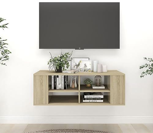Gecheer Flytande TV-bord/TV-bord/vardagsrum/TV-skåp upphängt flytande bord för TV med sidofack spånskiva ek, sonoma 102 x 35 x 35 cm