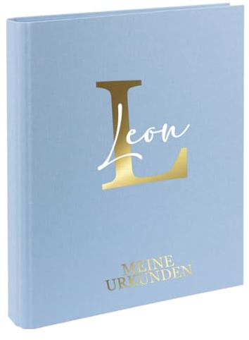 AWASG Urkundenmappe Kinder - Personalisiert mit Namen - Dokumentenmappe Ringbuch für Mädchen Jungen - Zeugnisordner Leinen zum Einsortieren von Urkunden (hellblau)