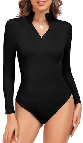 UMIPUBO Body Moldeador Mujer Reductora Shapewear Cremallera de Cuello V Bodysuit Sexy Slimming Body Shaper Manga larga Tops(Negro,S)