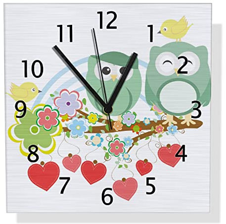 Wallario Design Wanduhr Bunte Eulen mit kleinen Vögeln auf dem AST aus Aluverbund, Alu-Uhr Größe 30 x 30 cm, Schwarze Zeiger mit Metalloptik
