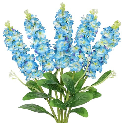 5pcs Delphinium Artificial Flower Silk Larkspur Flowers 25.5 Long Stem Artificial Blue Flowers for Tall Vase Plant Floral Faux Bouquets Floral Arrangements Floor Home Garden Outdoor Wedding Decor