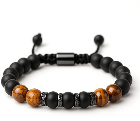 Ojo de Tigre pulsera para los hombres, 8MM Negro Onyx pulsera, regalo para el padre, abuelo, hijo, tío, amigo, amante, la Navidad y el Día de San Valentín regalos para la felicidad y la prosperidad