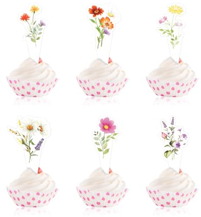 48pcs Floral Cupcake Toppers, 6 Designs Wildflower Cake Picks Birthday Party Decorations Beautiful Flower Cake Decoration Baby Shower Wedding Engagement Party Centerpiece for Celebration