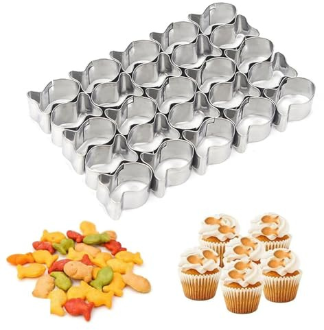 iLulala Goldfisch-Knallbonbon-Ausstecher, 25 Mulden, Mini-Fisch-Ausstechform mit Reinigungsbürste, Edelstahl, Fischform, Ausstechformen für Kinder, DIY und Backen.