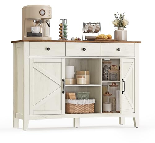 VASAGLE LIRY Collection - Buffet Cabinet, Coffee Bar Cabinet with 3 Drawers, Adjustable Shelves, Sideboard Storage with Cable Holes, Drawer Dividers, Rustic White and Honey Brown UBBK371W01V1