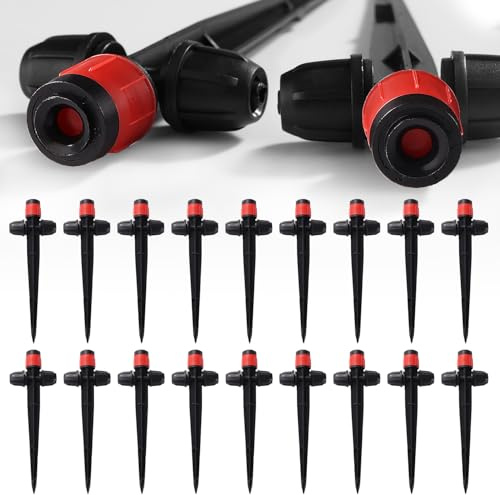 VooGenzek 18 Piezas Ajustables de 360 Grados en Estaca Rociador, Goteros de Flujo con Tuerca para Tubos de 1/4 Pulgadas, Emisores de Riego por Goteo, para Sistema de Riego, Rojo