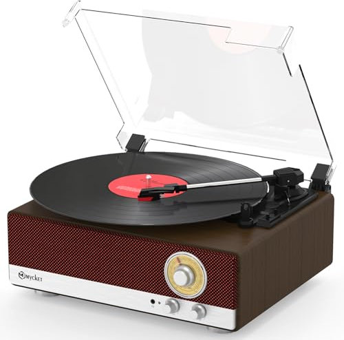 Mycket Giradischi Bluetooth 5.3 Portatile, Vintage Vinile Giradischi con Doppi Altoparlanti Stereo, 3-Velocità 33/45/78 Giri, Radio AM/FM, Trasmettitore Bluetooth, Out RCA, Auto-stop, Jack per Cuffie