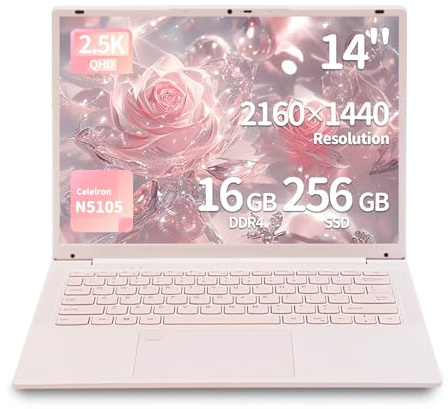 Ordinateur Portable 14,1 Pouces – Celeron N5105, 16 Go DDR4, Écran IPS 2160×1440, Déverrouillage par Empreinte Digitale, Clavier Rétroéclairé, WiFi 5G, USB 3.0, Type-C, HDMI (Rose,16G+256GB SSD)