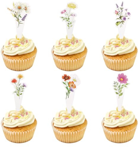 Gosknor 48pcs Wildflower Party Cupcake Toppers, Multi-Colored Wild Flower Cupcake Toppers Floral Birthday Decorations for Birthday Baby Shower Wedding