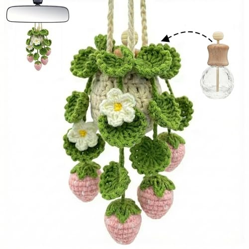 Cute Car Air Freshener Hanging, Car Fresheners for Women, Crochet Plant Strawberry Cars Accessories, Handmade Boho Rear View Mirror, Pink Strawberry