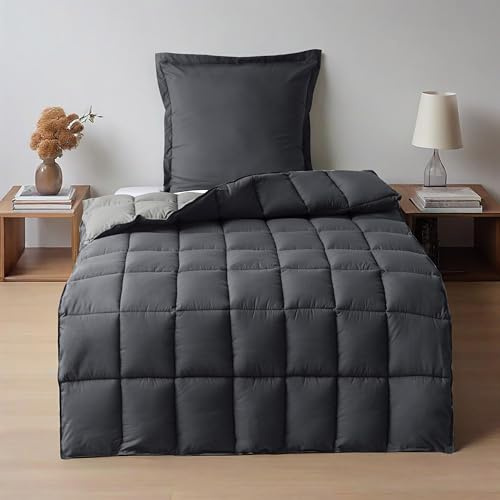 HIG Bettdecke 135x200 cm + 1 Kissenbezug 80x80cm – Oeko-TEX zertifizierte graue Steppdecke, kastenförmig genäht – 1300g Daunenalternative (300GSM) weich & flauschig