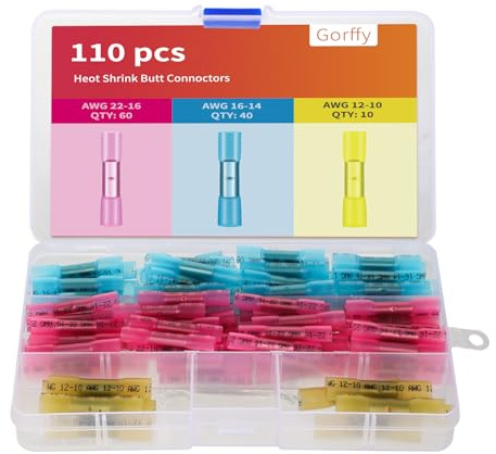 110 Quetschverbinder mit Schrumpfschlauch, wasserdicht, AWG 22–10, 3 Farben | Mit Innenkleber für eine dichte Verbindung; 60 rote, 40 blaue und 10 gelbe Verbinder für Auto, Boot, Marine und DIY