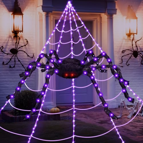 HERMORRYSS Ragno Gigante Halloween 150cm, Ragnatela Gigante, Halloween Decoration Outdoor Giardino Set, Ragno Finto con Luci, Ragnatela Spettrale, Ragni Pelosi para Casa Cortile Feste Casa Stregata
