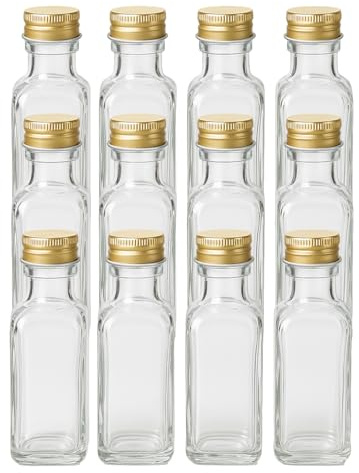 gouveo Lot de 12 bouteilles en verre de 100 ml, carrées, design apothicaire, avec bouchon à vis doré – Petite bouteille en verre de 0,1 l pour liqueur, huile et vinaigre (AFET100G)