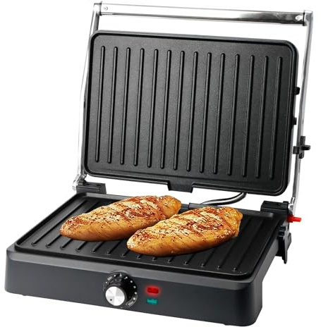 EMERIO Parrilla de contacto Panini Grill Sandwichera Grill de mesa | Superficie de parrilla 34x24 cm | revestimiento antiadherente | 2200 W | apertura de 180° | termostato ajustable | CG-130859