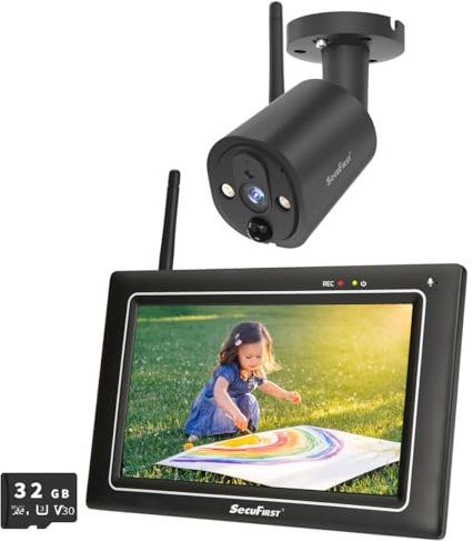 SecuFirst Kit de caméra de Surveillance extérieure avec Moniteur intérieur, écran Tactile 7 Pouces avec mémoire Extensible jusqu'à 2 to, Fonctionne sans Wi-FI, caméra extérieure 2K, 32 Go.