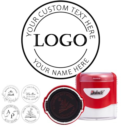 Stempel Personalisiert, Stempel mit Logo und Text, Automatikstempel Selbstfärbend für Exlibris, Buchstempel, Adressstempel, Firmenstempel & Lehrerstempel, Rund 42mm, 5 Farben