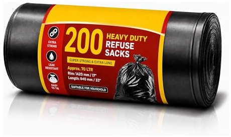 STL Bin Bags, Heavy Duty Recycling Bags Extra Strong Refuse Sacks,1420mmx840mm bin liner Leak Proof Rubbish Bags for Kitchen, Bathroom, Bedroom, Office & Home Waste (200 Pack)