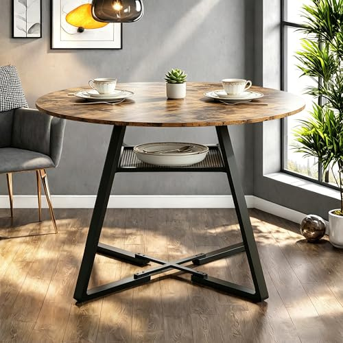 Poeahu Runder Esstisch 4-6 Personen, Holz 120cm Tisch mit Metallfuß, Industrie-Stil, Rund Küchentisch Esszimmertisch Esstische mit 1 Offenen Ablagen für Zuhause, Küche, Wohnzimmer