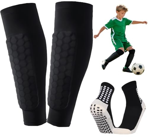 Parastinchi Calcio Bambino, Parastinchi Bambino - - Gambali a Compressione a Nido d'Ape & Calze Anti-Scaduta (Nero) - Protezione Completa Per Bambini