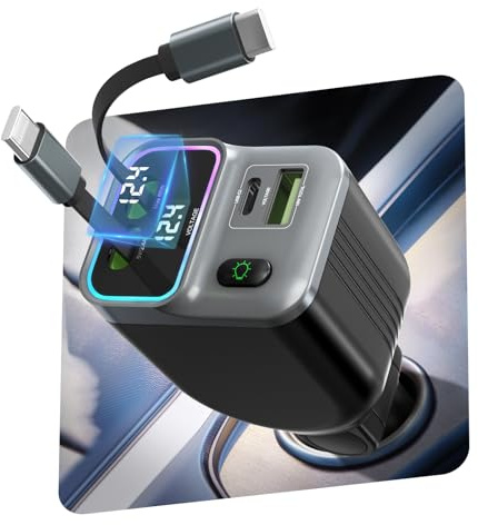 Zigarettenanzünder USB-C Schnellladen 4 in 1 mit Einziehbares Kabel 65w | Auto Ladegerät Adapter Kfz 12V mit Spannungsanzeige, Umgebungsbeleuchtung, Schnellladegerät für iPhone 16/17,Galaxy, iPad