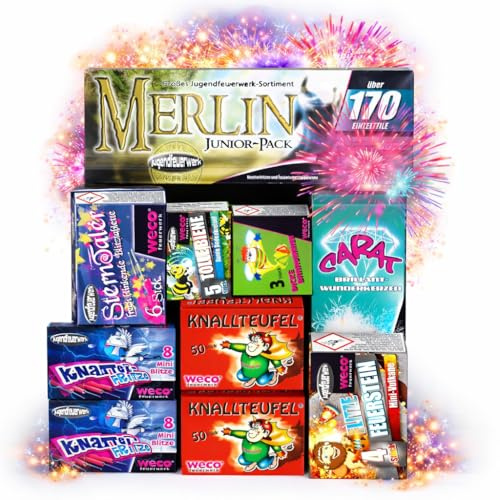 TK Gruppe Timo Klingler XXL Silvester & Feuerwerk 2026 Jugendfeuerwerk F1 Set mit 170 Teilen für Kinder & Jugendliche - Neujahr mit Wunderkerzen - Knallerbsen (Merlin)